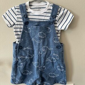 Striped Blue Whale Print Kids Overalls